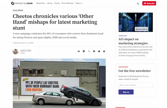 Marketing Dive provide insight into Cheetos' Other Hand campaign where Vujo provided Creative set design for advertising.